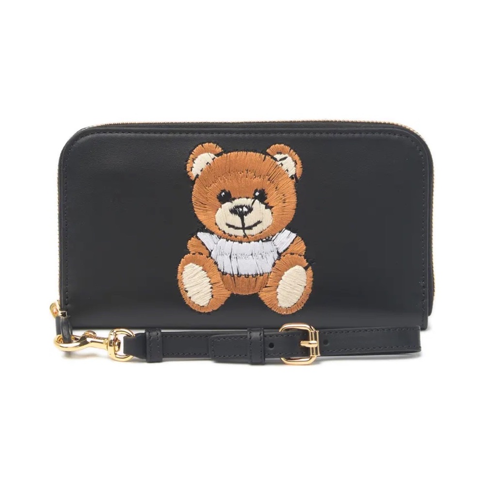 New Moschino Bear Logo Embroidered Leather Wristlet Continental Wallet - Picture 2 of 10